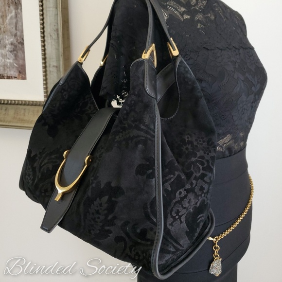 Gucci Handbags - Gucci Brocade Black Suede Soft Stirrup Handbag